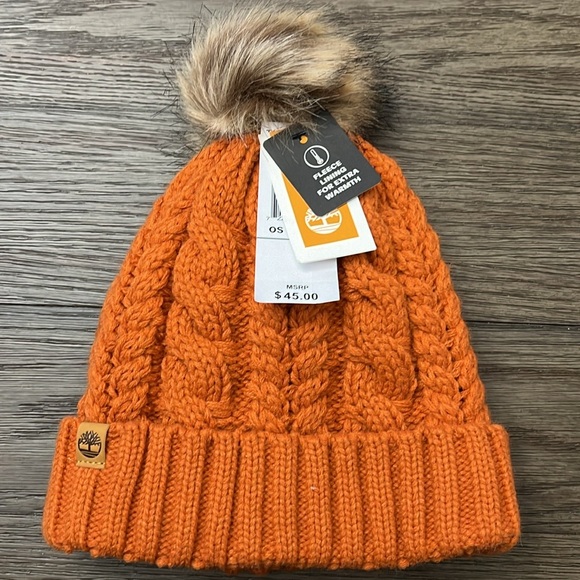 Rare Rust Timberland Auburn Woods Cable Knits Beanie with POM POM Orange Color - Picture 11 of 13
